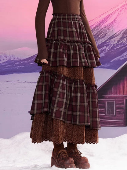 Brown Plaid Patchwork Flounce Hem Lace Skirt