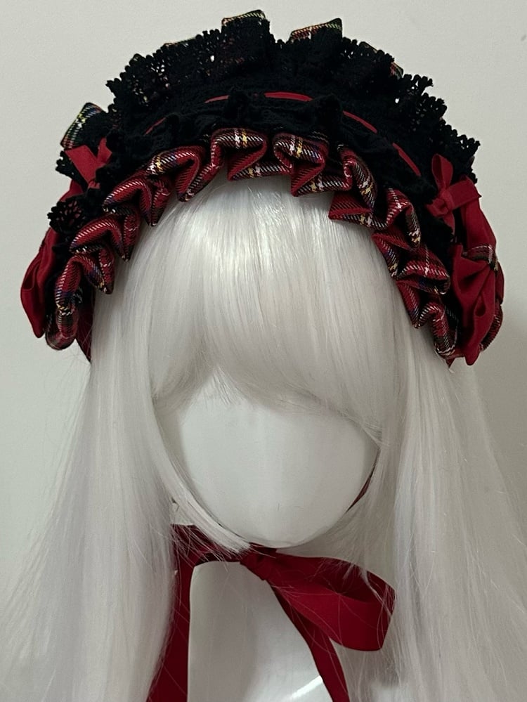 Plaid SchwarzRot Details Haarband Muster Rüschen Bowknot