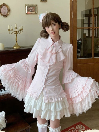 Pink Blouse with Bell Sleeves and Layered Lace - Lan Jian Chuan