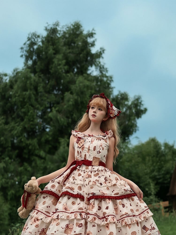Print Red Ruffle and Sweet Cookie Lolita Dress White Hem Hamster
