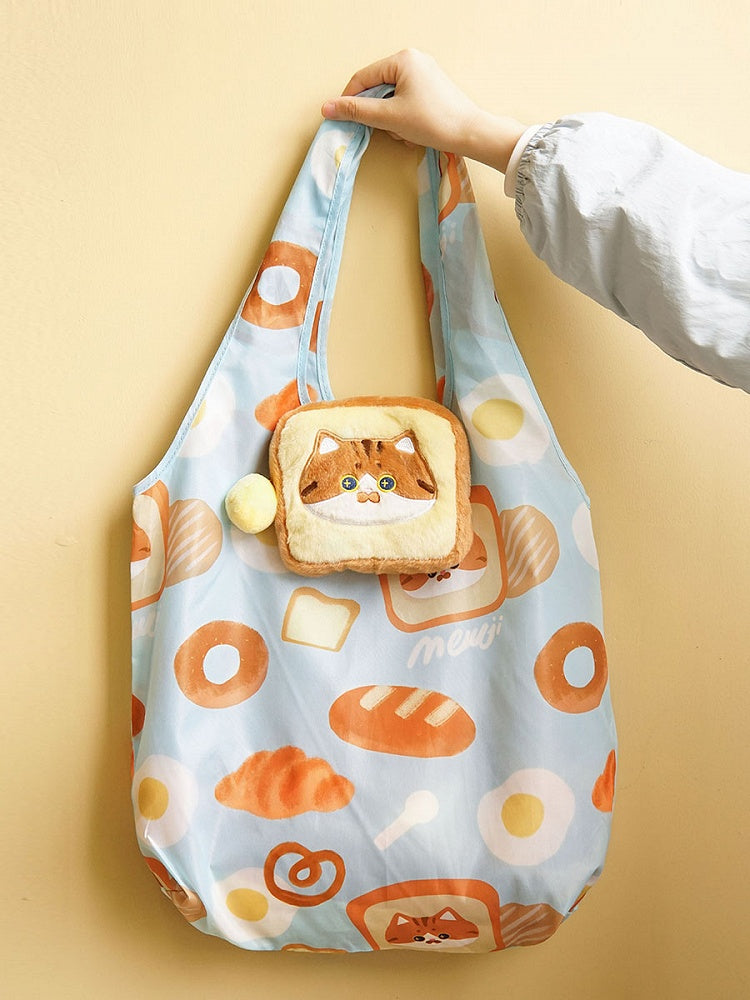 かわいい猫とパンのプリントのブルーショルダーバッグ