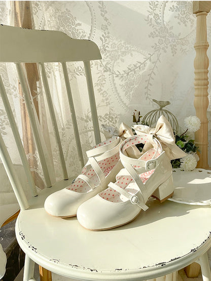 Round White Mary - Accent Design Crisscross Sweet Shoes Toe Jane Bow