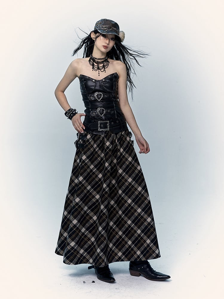 Black and Brown Plaid Ankle Length Skirt
