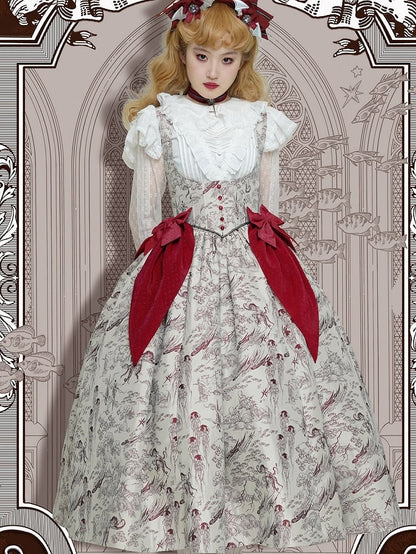 Under Skirt Lolita Wood Animals Red Boned Print Jumper Waist Bust Basque and