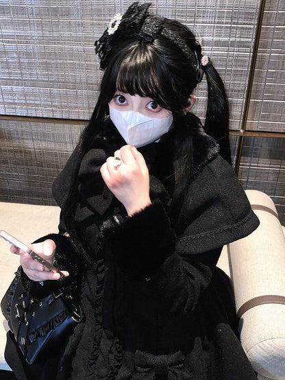 ジライケイ ホワイト/ブラック 取り外し可能なケープ 蝶結びディテール 地雷スタイルコート