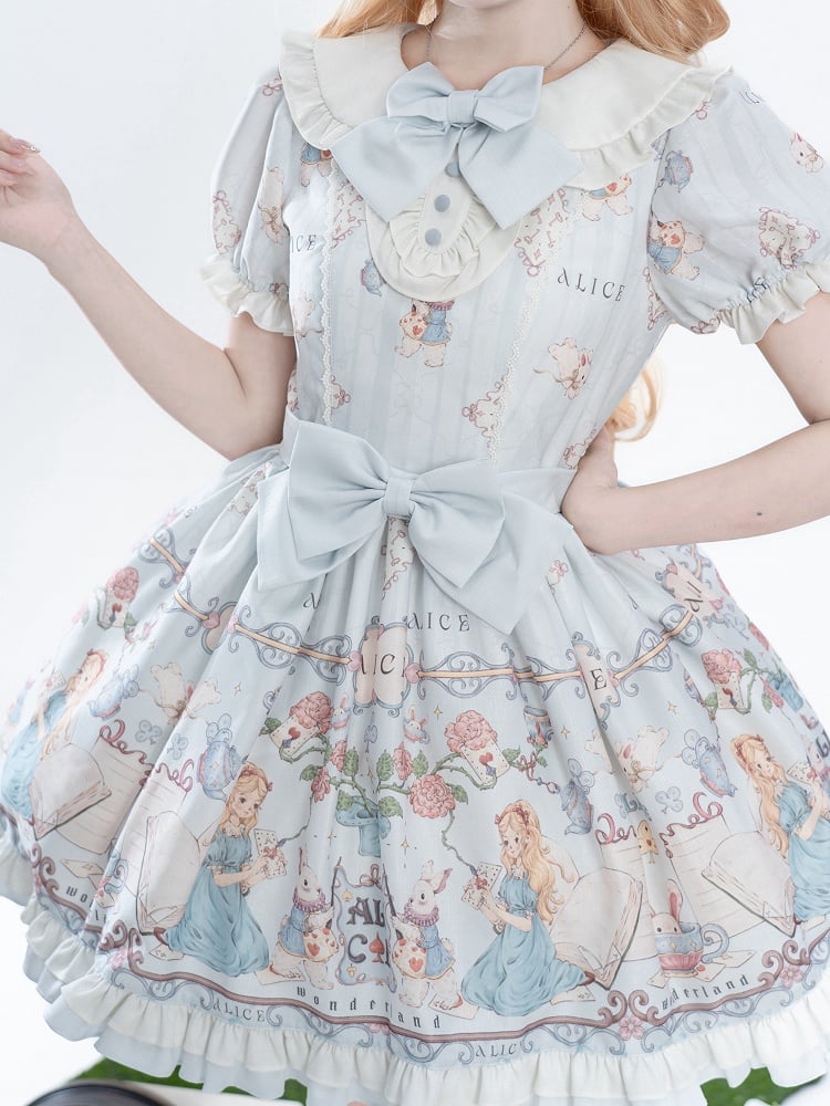 Dress Print One Piece Peter Sweet Blue Light in Wonderland Pan Theme Alice Lolita Collar
