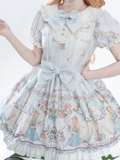 Dress Print One Piece Peter Sweet Blue Light in Wonderland Pan Theme Alice Lolita Collar