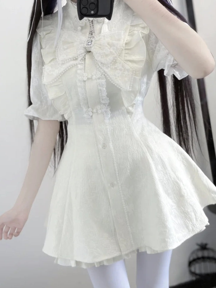 ネクタイ + ヘアクリップ Y2K 袖ドレス + ショートパンツ + 蝶ネクタイ セット - チャイナ ドレス襟ショート ホワイト ジライ