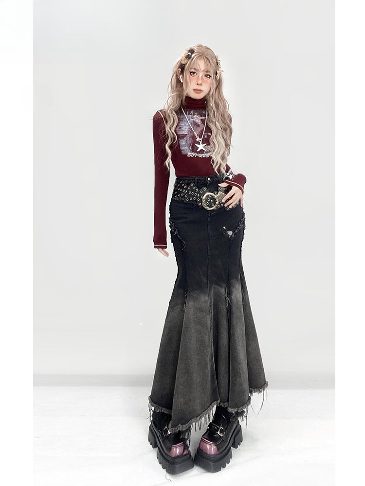 Millard Fashion – Denim-Meerjungfrauenrock mit Farbverlauf und Distressed-Besatz in Schwarz