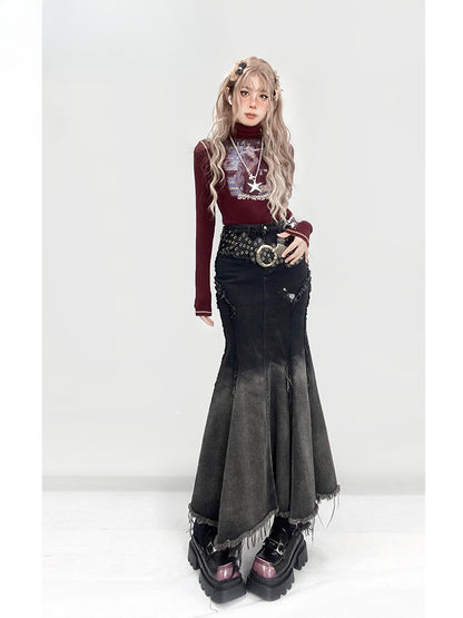 Millard Fashion – Denim-Meerjungfrauenrock mit Farbverlauf und Distressed-Besatz in Schwarz