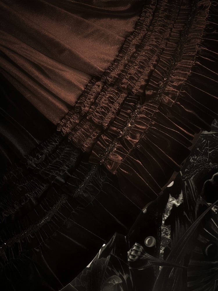 Gothic Dress Brown Pearl Shell Ruffled with Overlay Lolita Print