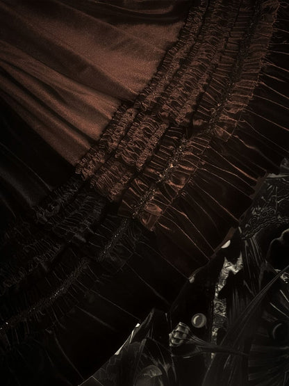 Gothic Dress Brown Pearl Shell Ruffled with Overlay Lolita Print