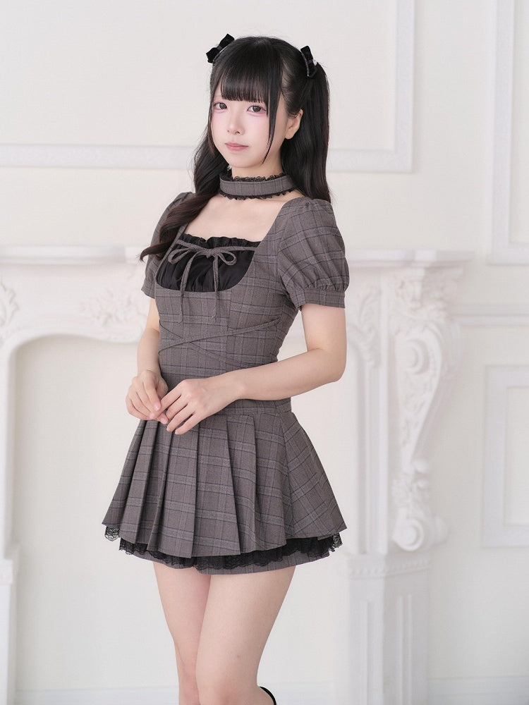 Brown Plaid Square Neck Pleated Dress Set with Choker and Shorts - No Genki