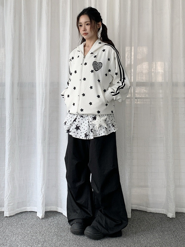 Patchwork Black Pants with Star-patterned Design Y2K Pull-on Skirt Wide-leg