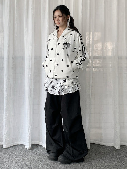 Patchwork Black Pants with Star-patterned Design Y2K Pull-on Skirt Wide-leg