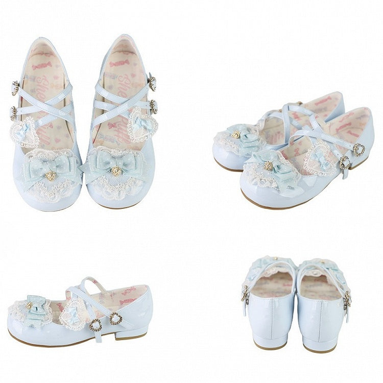 Blue Heels Lolita Low Fastener with Rhinestone Heart Sweet