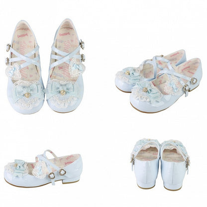Blue Heels Lolita Low Fastener with Rhinestone Heart Sweet