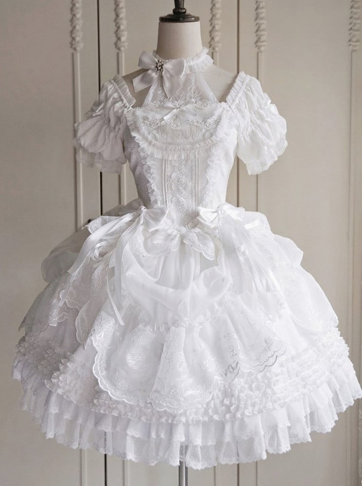 Embroidery Skirt White Elegant Drawstring Layered Details Lolita Ruffles Classic with