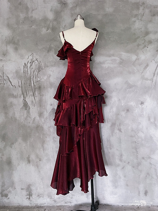 Evening Gown Red Shimmer Flounce Spaghetti Strap Prom - Eas Candy