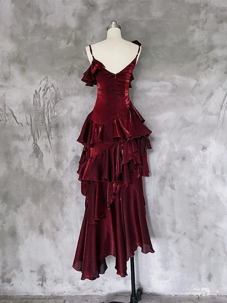レッドシマー アシンメトリー レイヤード フラウンス スパゲッティストラップ プロムドレス イブニングガウン