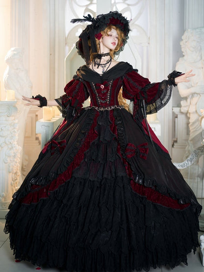 and Hanayome Dress Black Ruffle High-low Lolita Cascading Shimmering Velvet Red