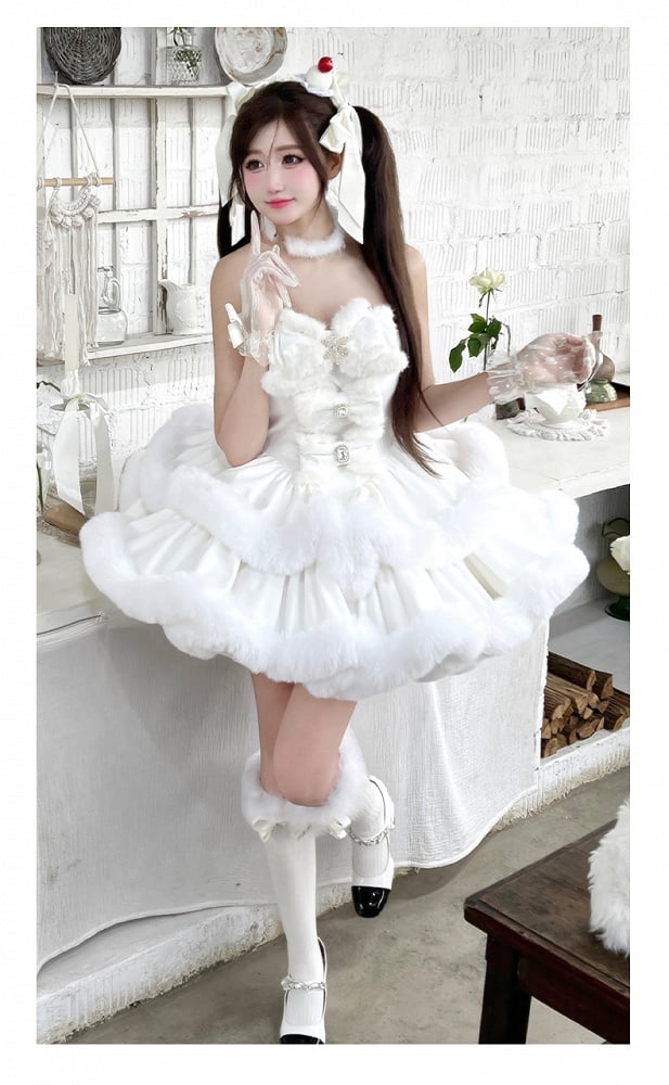 White Snowflake Bows Decorated Bodice Winter Plush Trimming Strapless Dress