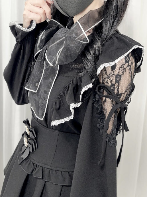 Jirai Kei Black/White/Dusty Cutout Shoulder Blouse Bow Neckline Big Pink