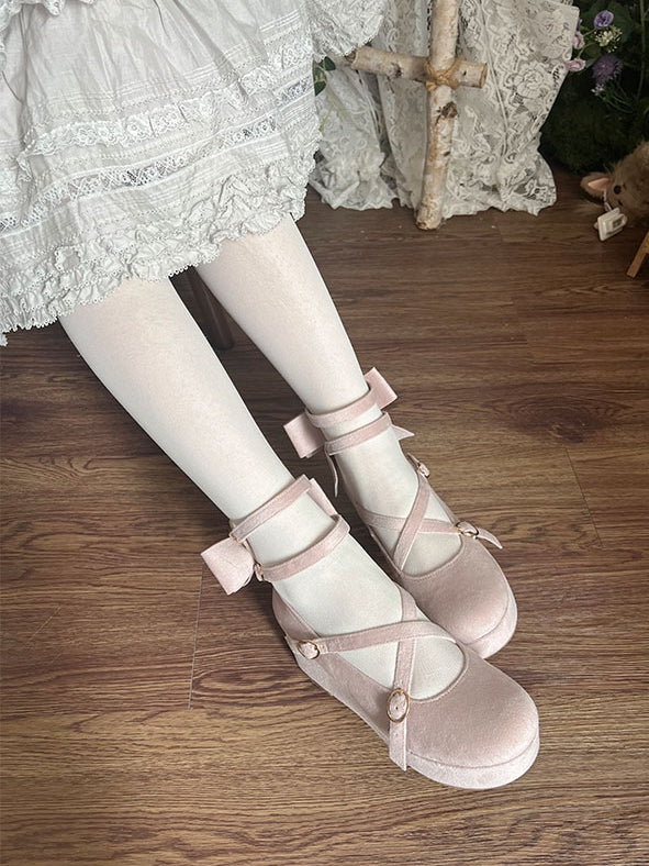 Plateauschuhe mit Keilabsatz und Schleife, Samt-Design, kreuz und quer, Rosa - Accent Sweet