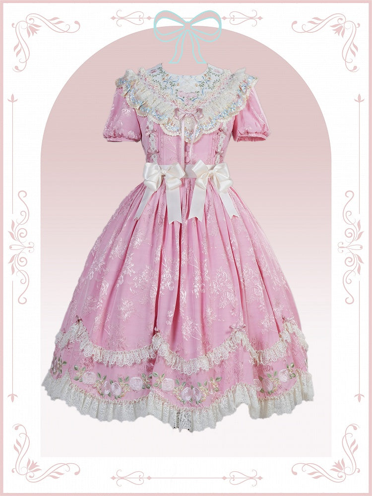 Pink Floral Embroidered Lolita OP Gown with Scalloped Lace Edge