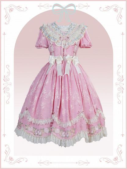 Pink Floral Embroidered Lolita OP Gown with Scalloped Lace Edge