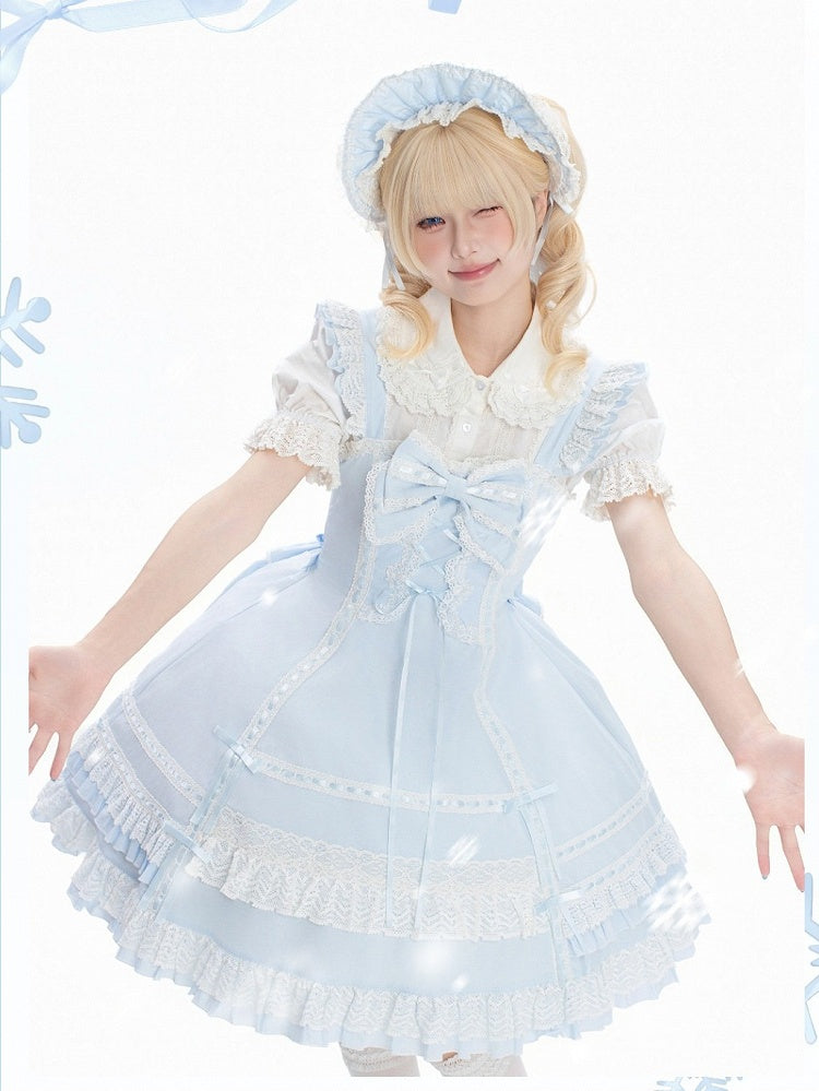 Snowfall-Themed Blue Cotton JSK Dress with Vintage Ruffle Accents