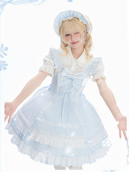 Snowfall-Themed Blue Cotton JSK Dress with Vintage Ruffle Accents