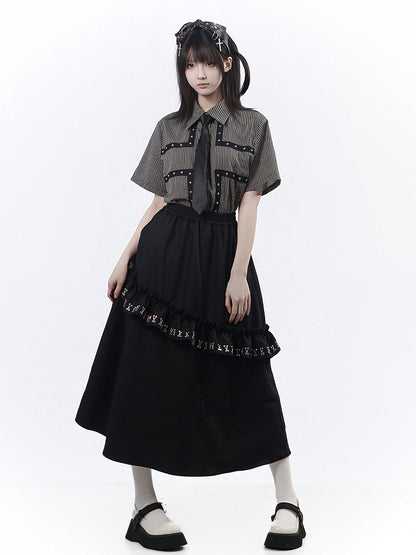 Black Asymmetric Ruffle-Trimmed Long Skirt - PINK SAVIOR