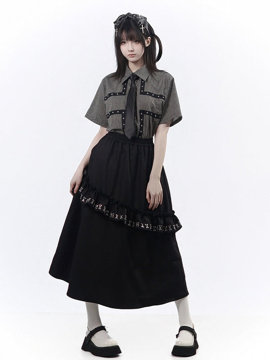 Black Asymmetric Ruffle-Trimmed Long Skirt - PINK SAVIOR