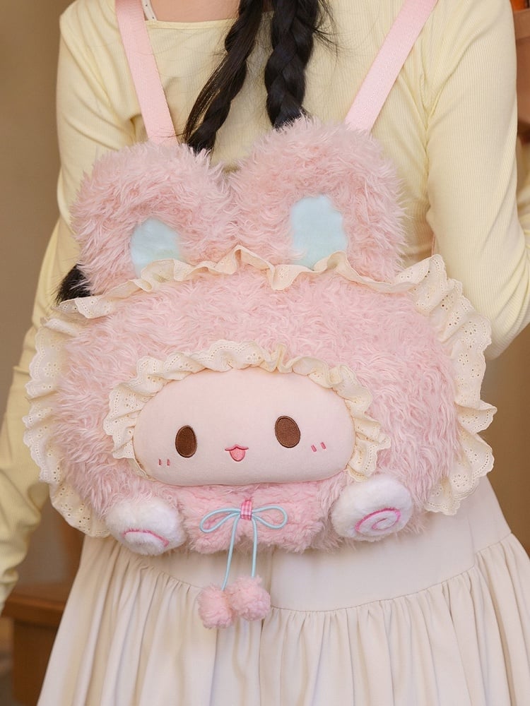 Backpack Plush Rabbit-shaped Trim Lace Pink
