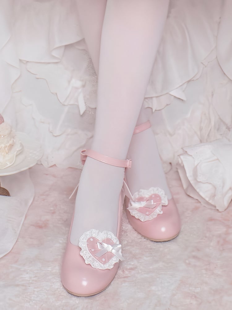 - Janes Heart Wedge Detachable Pink Mary Sweet PU Trimmed Lace Lolita