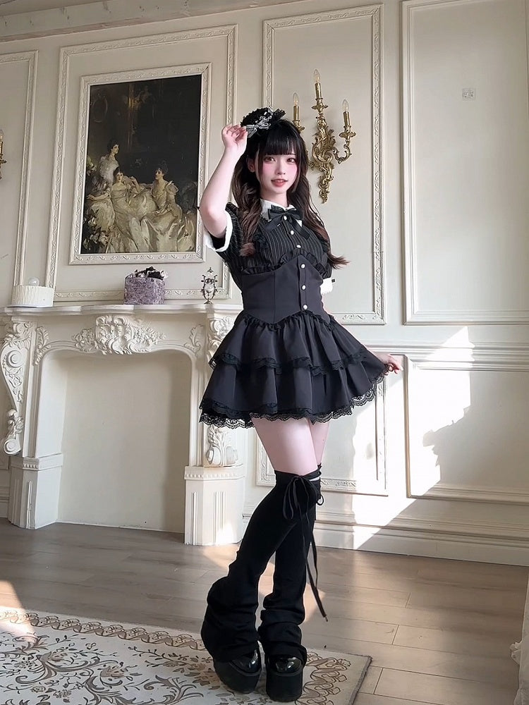 Shorts, Faux-Zweiteiler und Kleid, mehrlagiger Kei-Rock, Spitze, schwarzer Jirai-Streifen-Set – Besatz