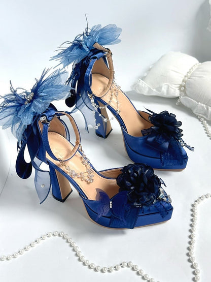 Dark Blue Pointed-Toe Platform Heels with Flower Embellishments - A Sky Rabbit