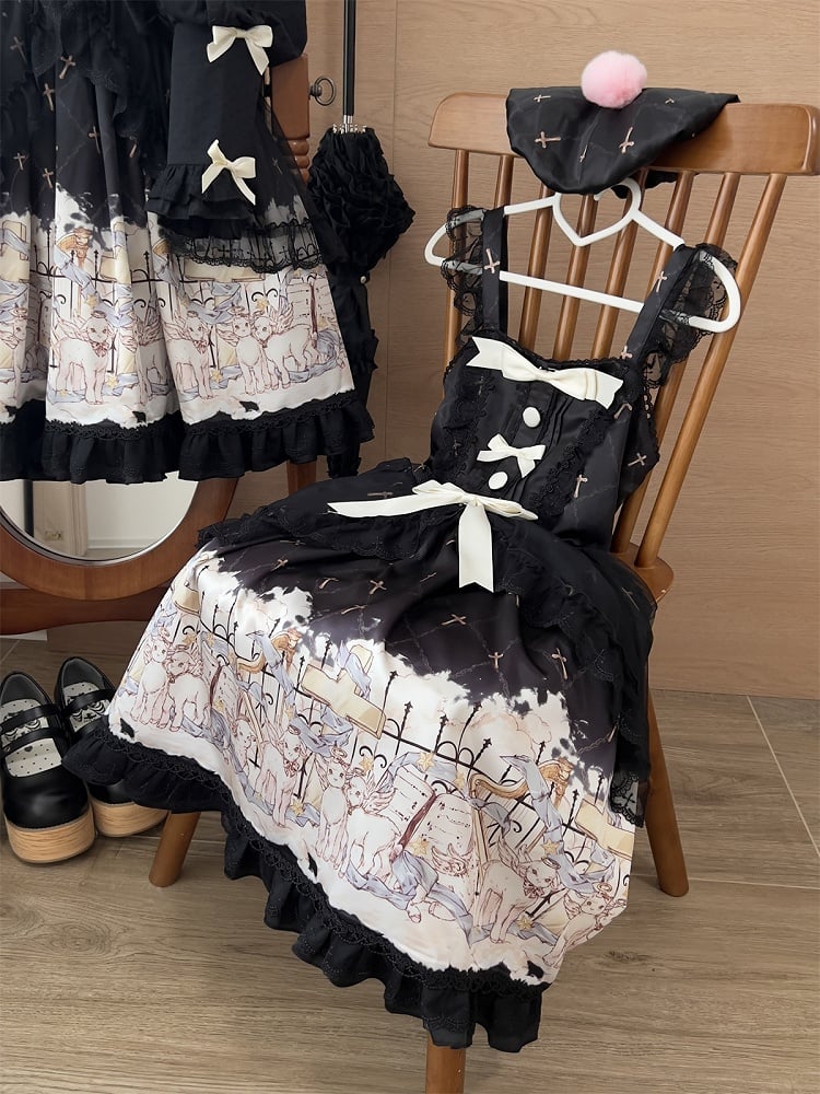 Dress White Lolita Black JSK Print Sweet Sheep with Overlay Angel