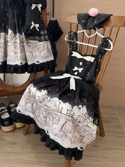 Dress White Lolita Black JSK Print Sweet Sheep with Overlay Angel