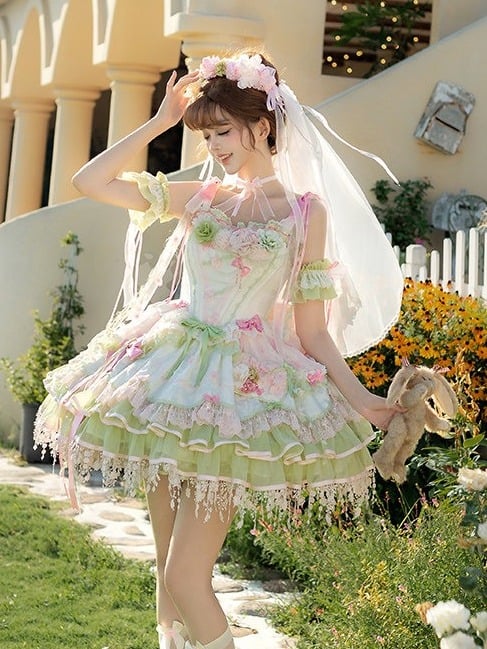 Sweet Lolita JSK Set with Floral Crown and Detachable Sleeves - Sweetheart Macaron Lolita