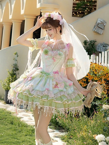 Pink & Green Floral Lolita JSK Set with Veil & Detachable Sleeves - Sweetheart Macaron Lolita