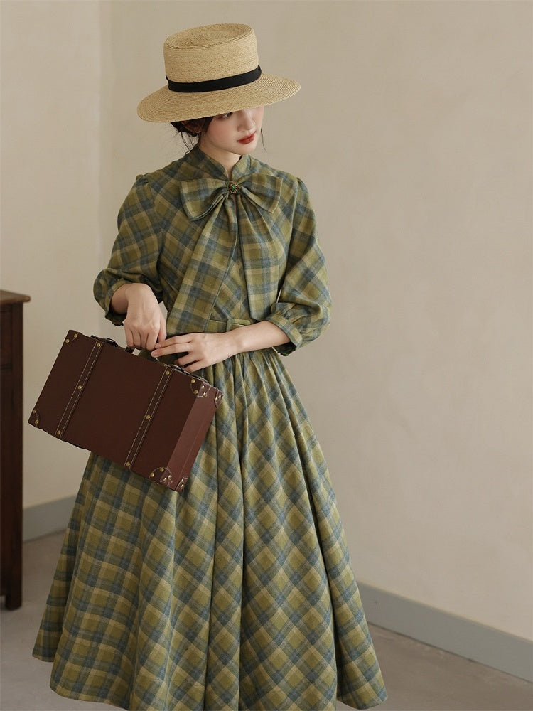 Grünes Karomuster Vintage Bowknot Schnalle Gürtel Kleid