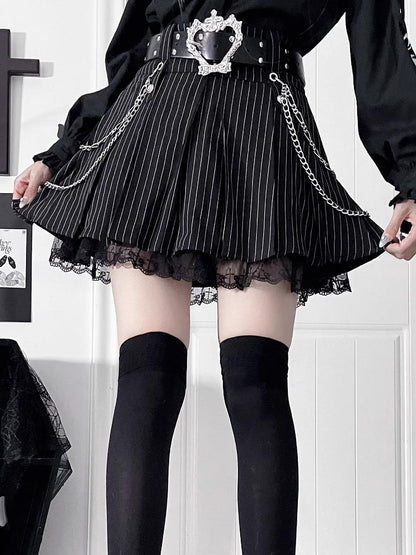 Pinstripe Black Gothic HemSide Lined Skirtwith Metal Chains Cross Lace Motif