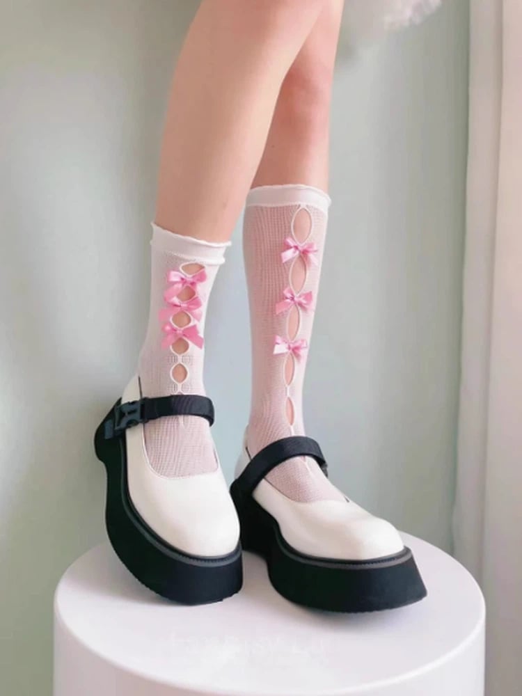 Colors) Bow Cutout (6 Sheer Detail Lolita Style Socks