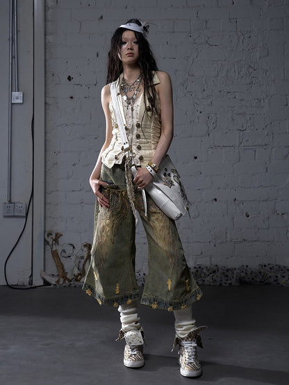 Vintage Wide-leg Jeans Punk Wing Embroidery with Distressed Holes Yellow Angel