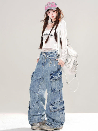 Weißes Spitzen-Patchwork-Oberteil mit V-Ausschnitt und langen Ärmeln