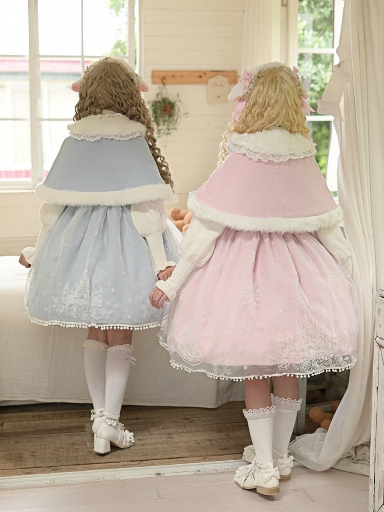 Lolita Jumper Cape Light Print Castle Skirt Plush Snow Moon with Trim Overlay Blue Set