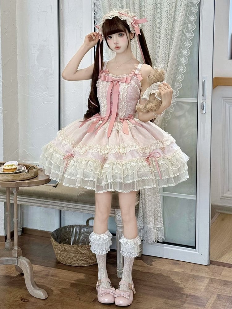 Kleid Rock verziert süß Jumper Lolita Balletcore rosa Bowknots