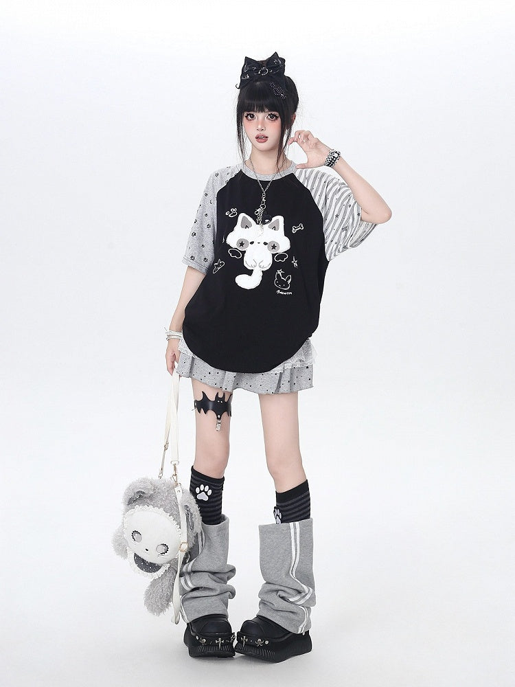 Black Short Sleeve Tee with 3D Plush Kitty - CRAZY GIRL